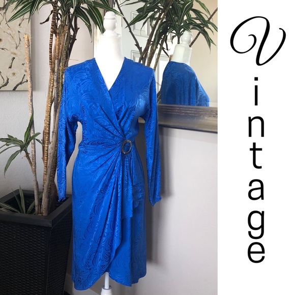 VTG 80s Lauren Alexandra Blue Silk Faux Wrap Dress - Picture 1 of 11